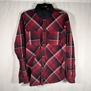 Express Shirt Men's Medium Red Plaid Pearl Snap Long Sleeve Fitted